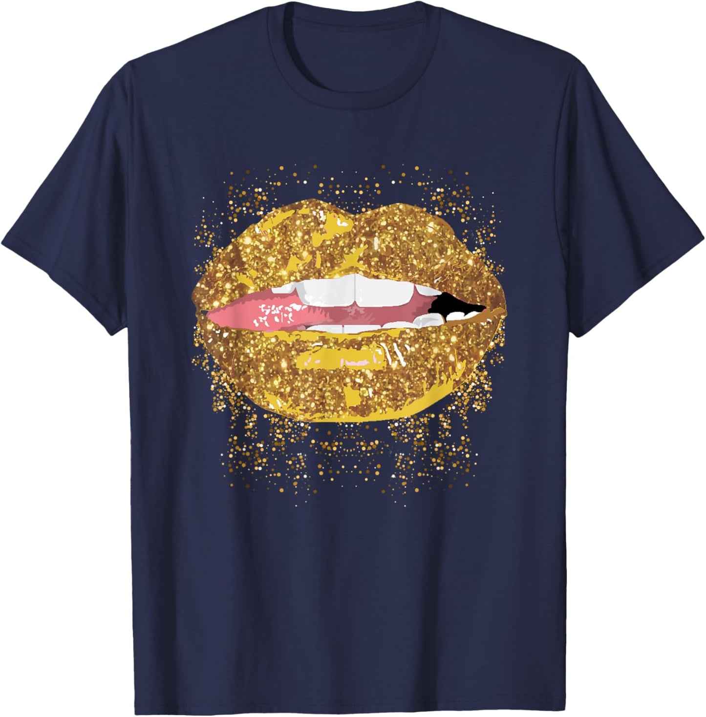 Gold Lips Side Tongue Biting for Sexy Lipstick Mouth Kisser T-Shirt - T-Shirt | Navy