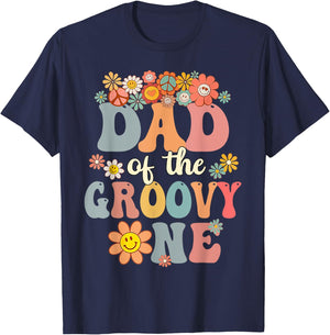 Retro Dad of Groovy One Matching Family 1st Birthday Party T-Shirt - T-Shirt | Navy