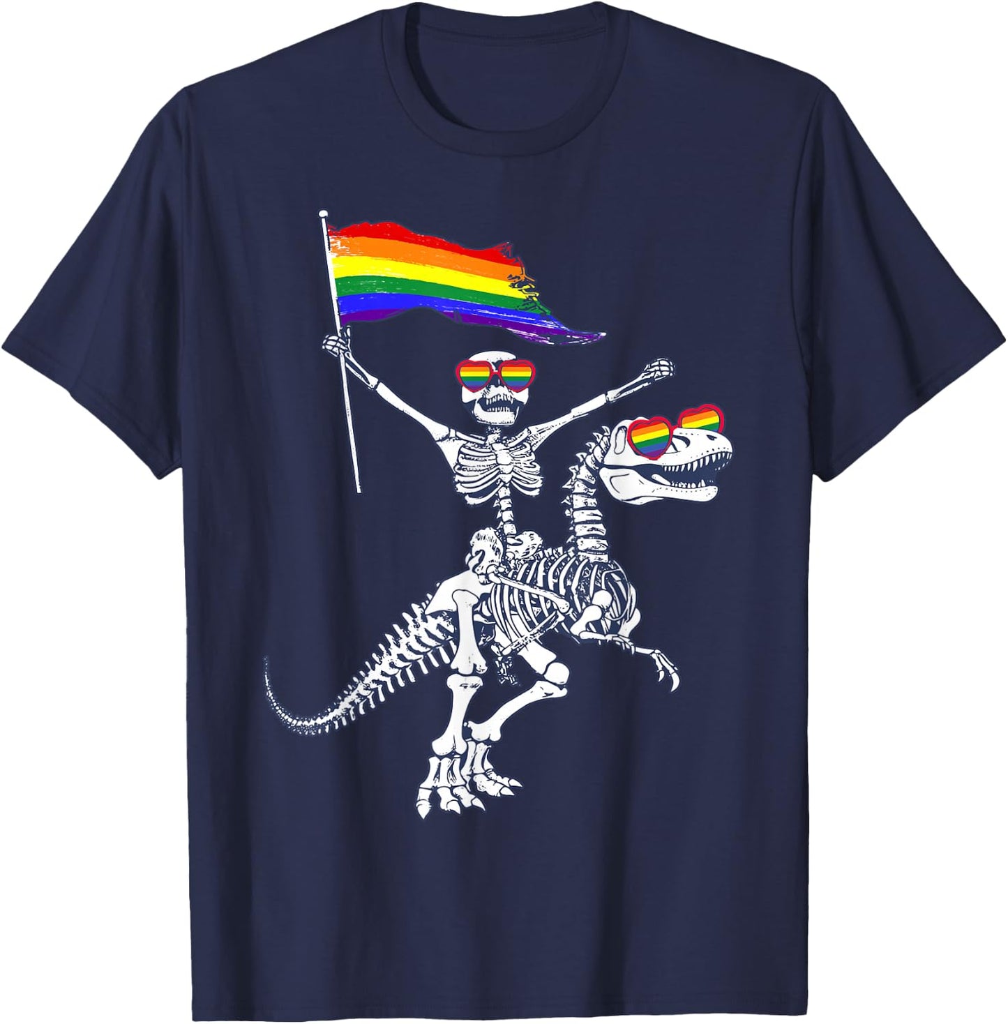 LGBT Flag Skeleton Riding T-Rex Dinosaur Gay Pride Month T-Shirt - T-Shirt | Navy