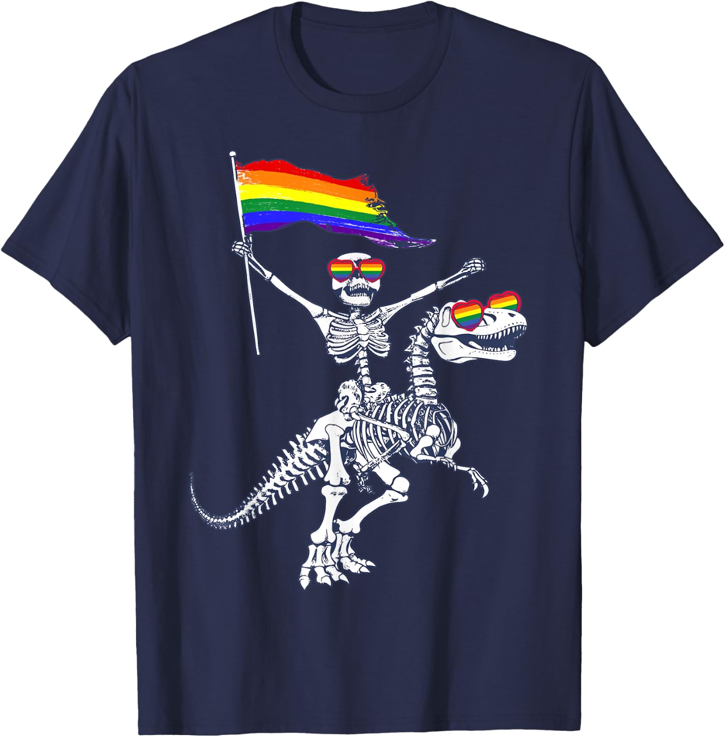 LGBT Flag Skeleton Riding T-Rex Dinosaur Gay Pride Month T-Shirt - T-Shirt | Navy