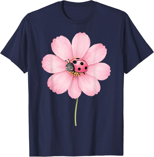 Cute Ladybug Pink Cosmos Flower Watercolor Spring Aesthetic T-Shirt - T-Shirt | Navy