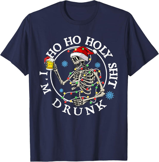 Ho Ho Holy Shit I'm Drunk Funny Skeleton Drinking Christmas T-Shirt - T-Shirt | Navy