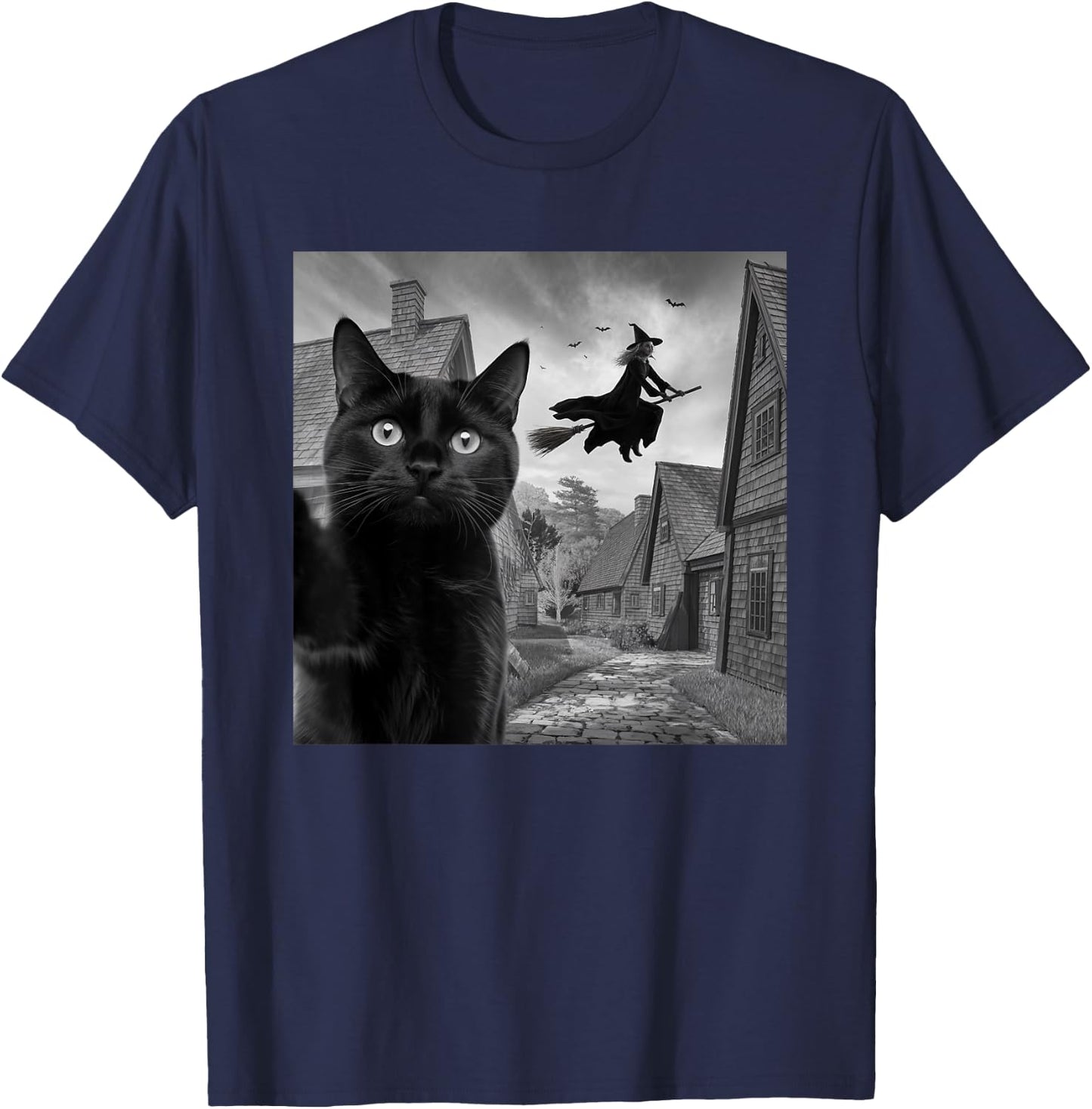 Witch and Black Cat Selfie Photo Halloween Magic Lovers T-Shirt - T-Shirt | Navy