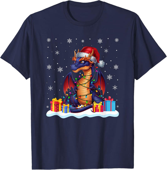Dragon Santa Hat Christmas Tree Light Xmas Pajama T-Shirt - T-Shirt | Navy