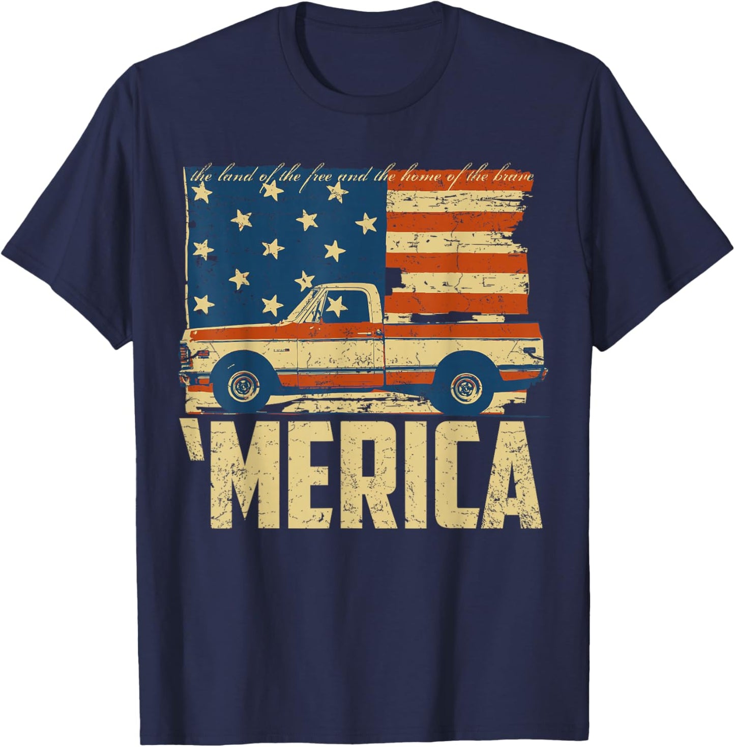 Classic Truck Design 'Merica American Flag with Pickup Truck T-Shirt - T-Shirt | Navy