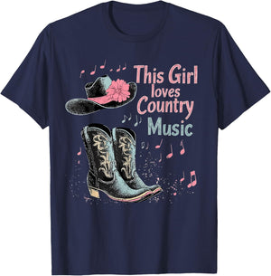 This Girl Loves Country Music Texas Boot Cowgirl Music Lover , Black, S T-Shirt - T-Shirt | Navy