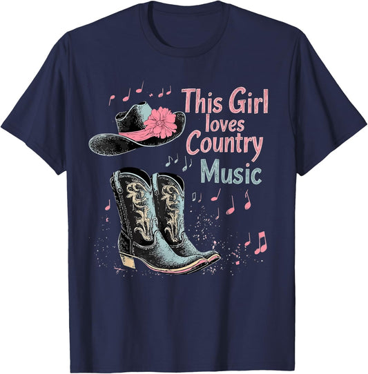 This Girl Loves Country Music Texas Boot Cowgirl Music Lover , Black, S T-Shirt - T-Shirt | Navy