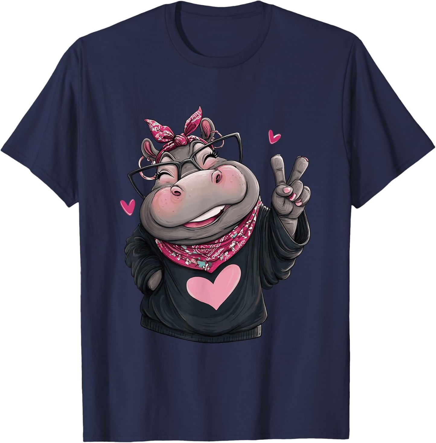 Cute Hippo Female Character Peace Sign Kawaii Pop Graphic T-Shirt - T-Shirt | Navy