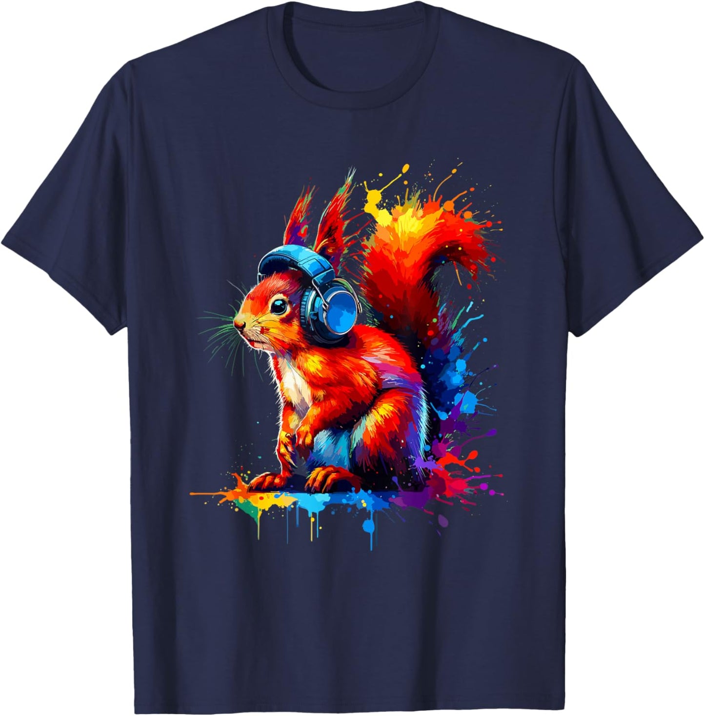 Colourful Splash Art Headphones with Red Squirrel , black T-Shirt - T-Shirt | Navy