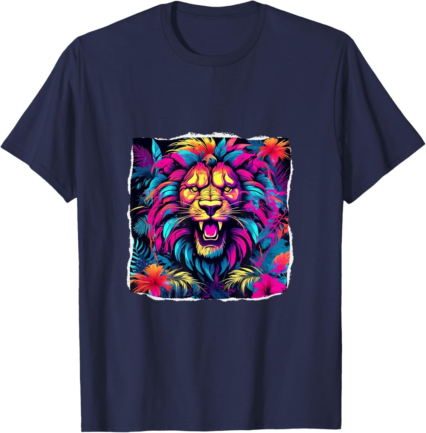 Neon Mane Lion Art: Colorful Jungle Design for All T-Shirt - T-Shirt | Navy