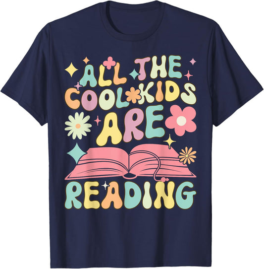The Cool Kids Are Reading Groovy Book Reader Book Reading T-Shirt - T-Shirt | Navy