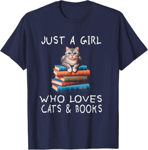 Just A Girl Who Loves Books and Cats - Funny Reading cat T-Shirt - T-Shirt | Navy