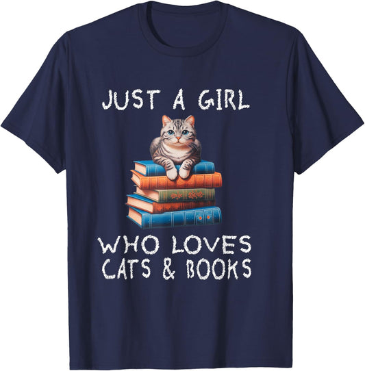 Just A Girl Who Loves Books and Cats - Funny Reading cat T-Shirt - T-Shirt | Navy