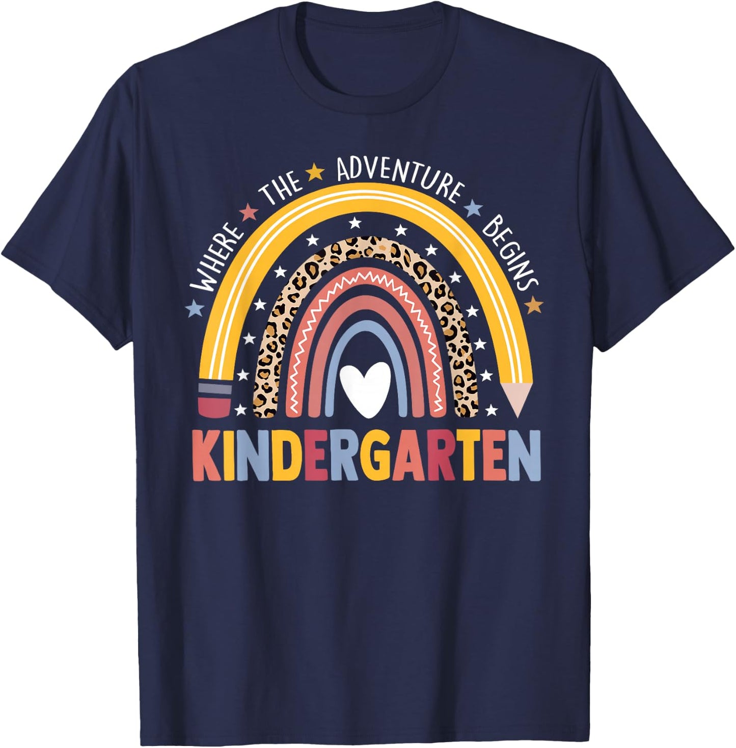 Kindergarten Where The Adventure Begins Leopard Rainbow T-Shirt - T-Shirt | Navy
