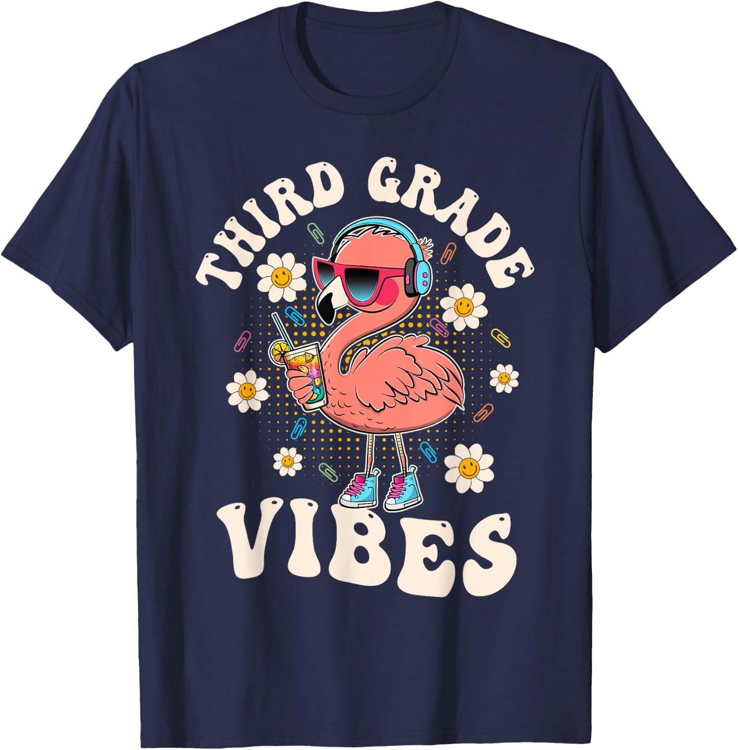 Flamingo Back to School Third Grade Vibes Teacher 3rd Grade Men Women Girls Kids T-Shirt - T-Shirt | Navy