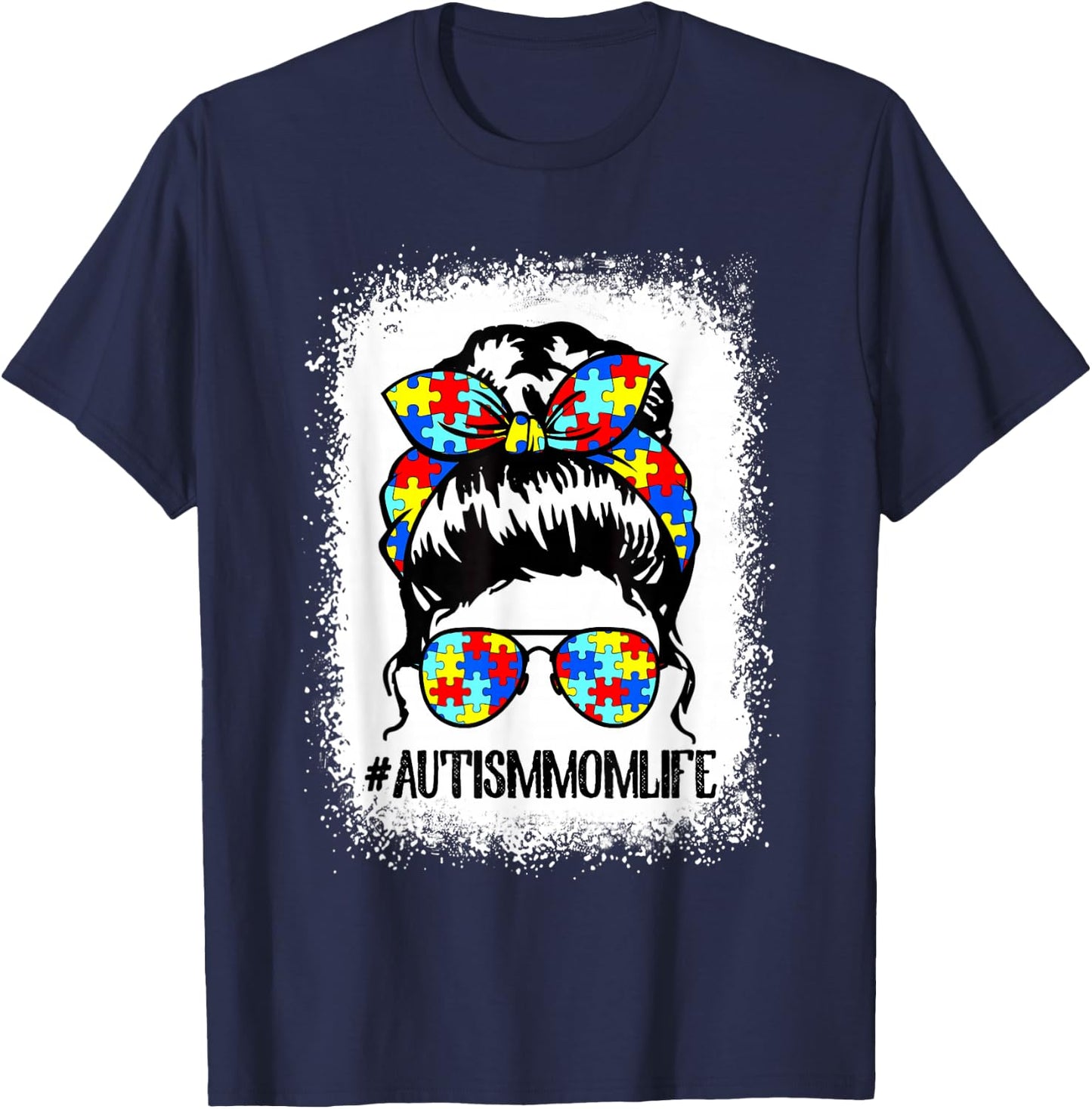 Autism Mom Life Messy Bun Sunglasses Bandana Mother's Day T-Shirt - T-Shirt | Navy