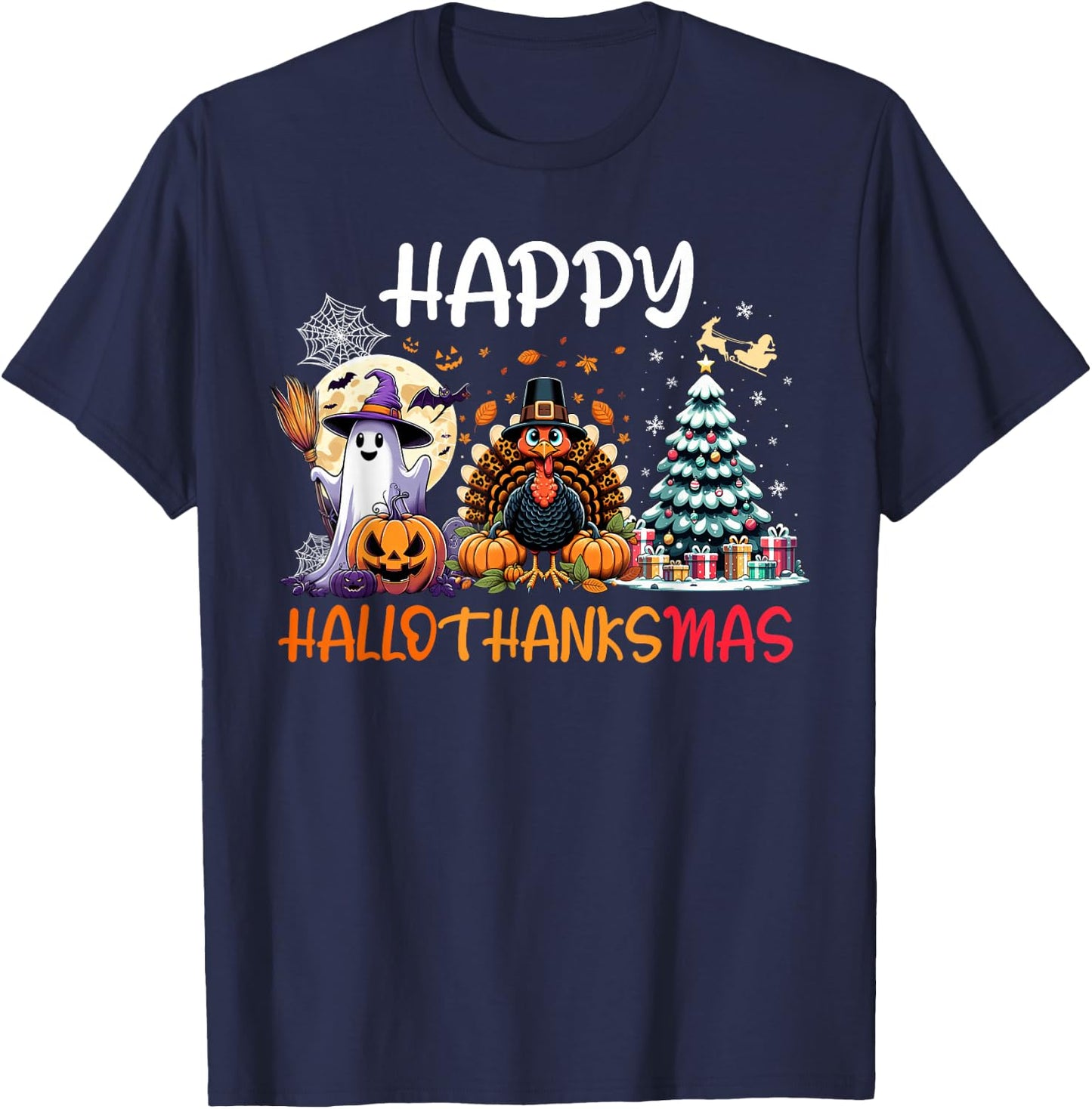 Halloween Thanksgiving Christmas Turkey Happy HalloThanksMas T-Shirt - T-Shirt | Navy