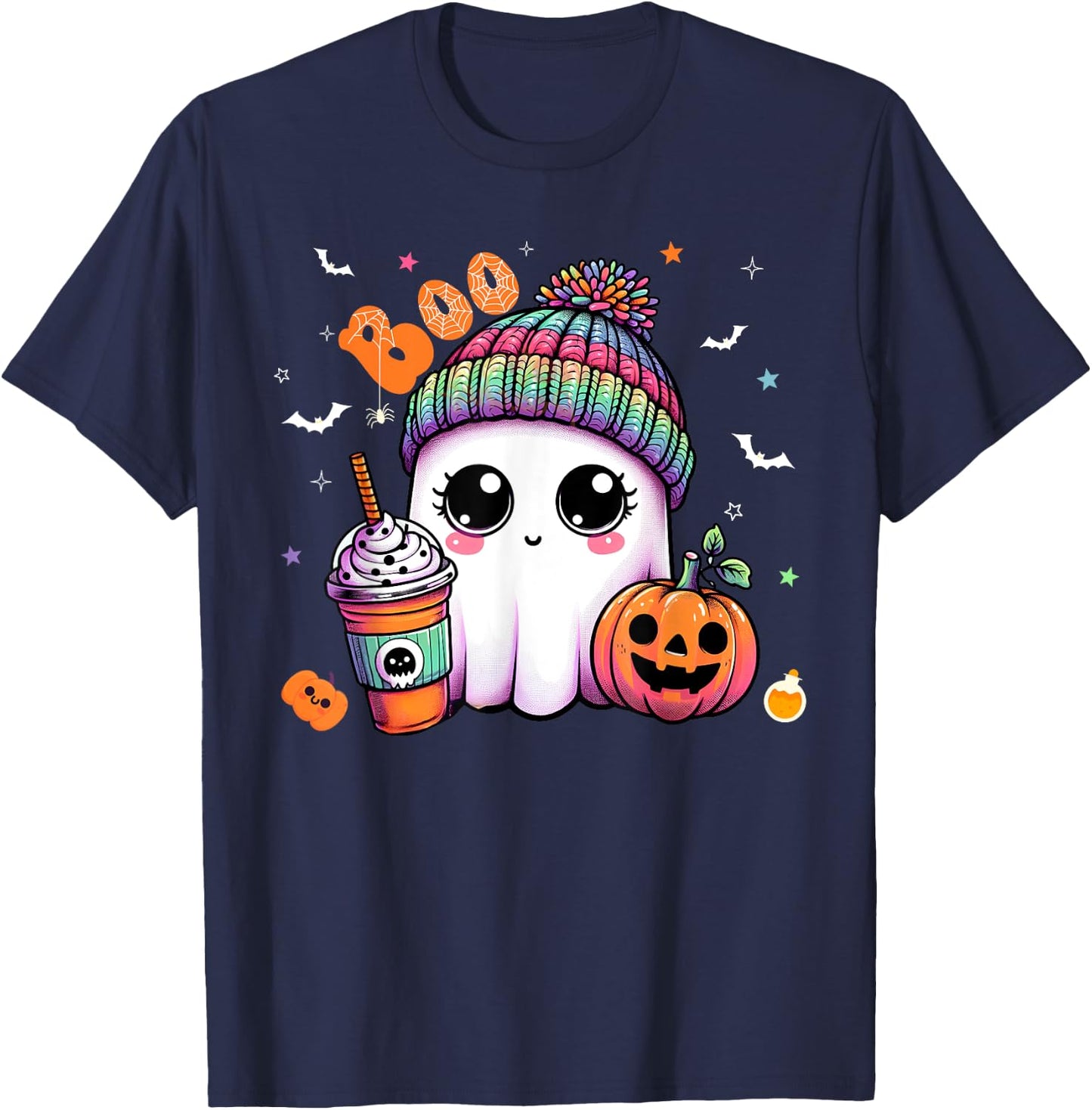 Cute Ghost Boo Drinking Pumpkin Spice Coffee Halloween T-Shirt - T-Shirt | Navy