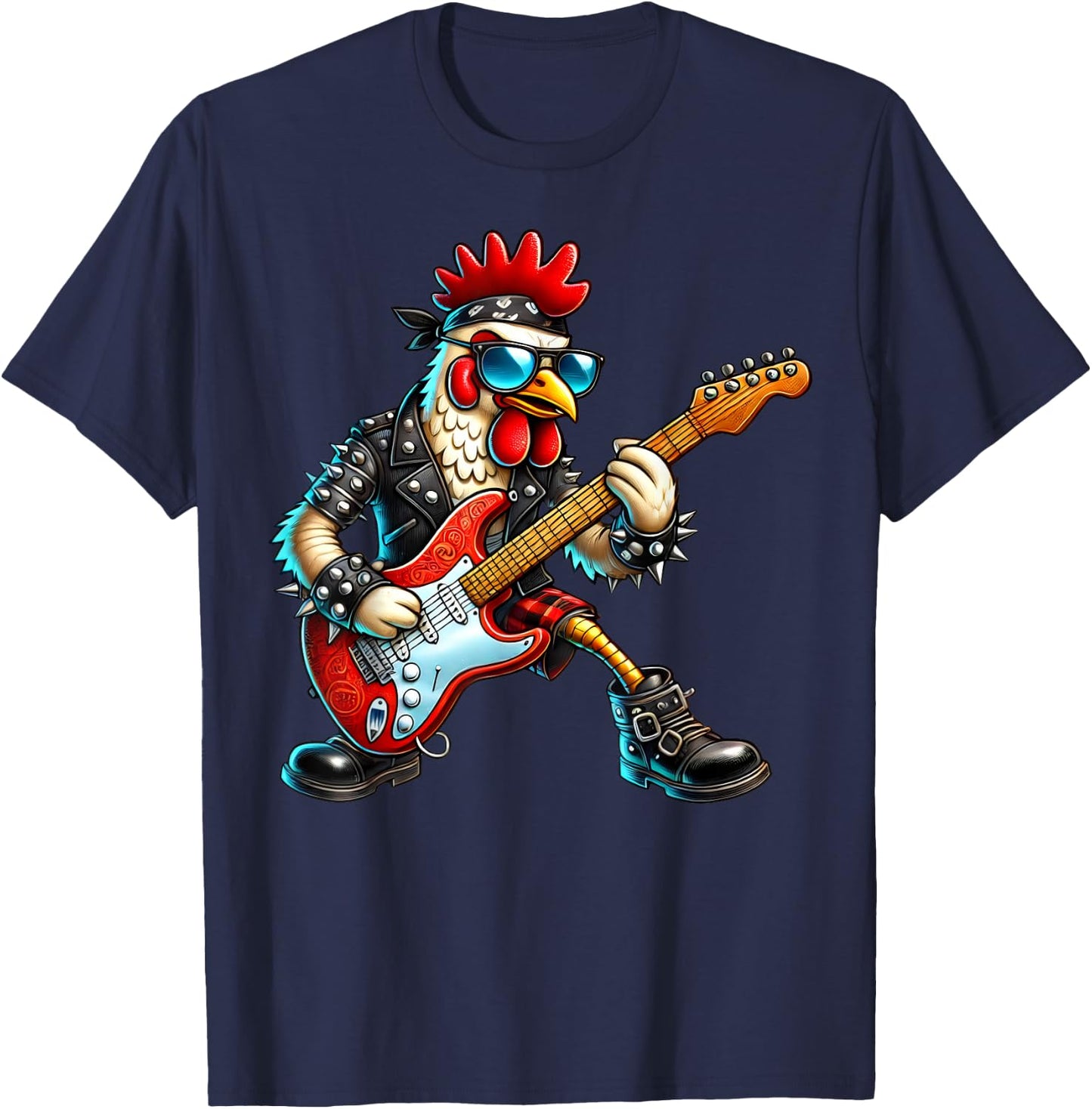 Funny Punk Chicken Rock N Roll Chicken Guitar Band T-Shirt - T-Shirt | Navy