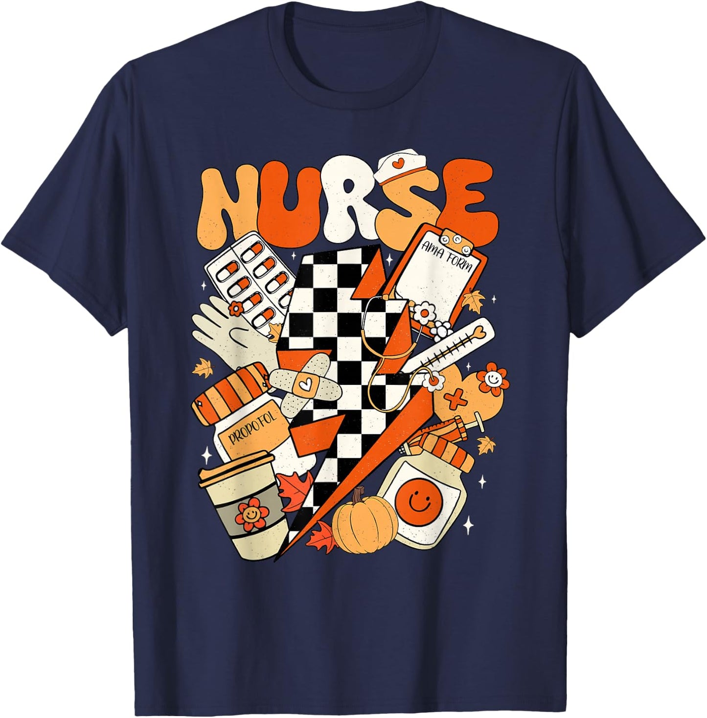 Retro Pumpkin Nurse Life Thanksgiving Fall Autumn Nurse T-Shirt - T-Shirt | Navy