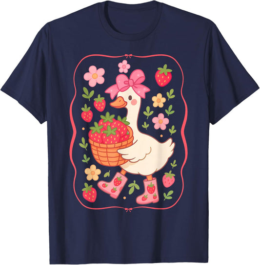 Cute Strawberry Goose Coquette Bow Floral Summer Goose T-Shirt - T-Shirt | Navy