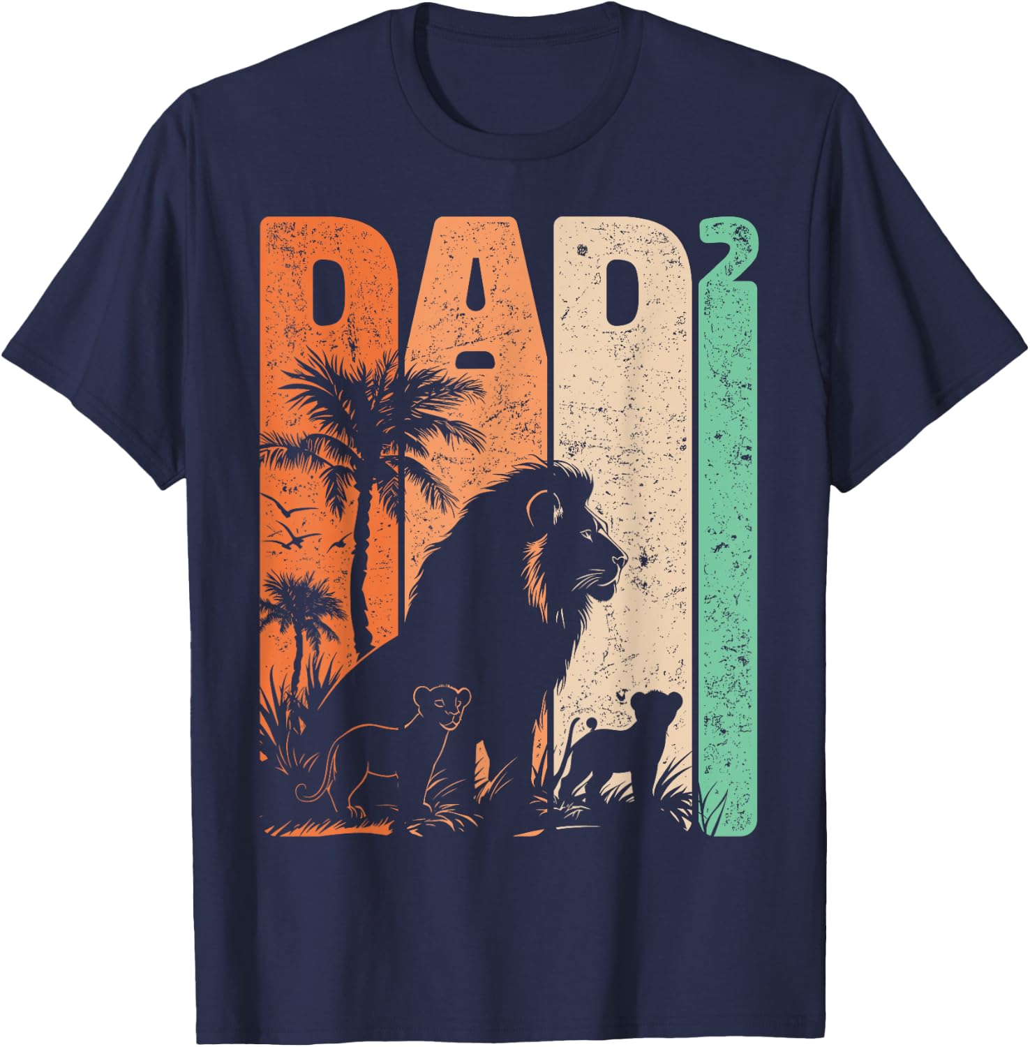 Retro Lion Father with Two Cubs Dad Squared Father's Day T-Shirt - T-Shirt | Navy