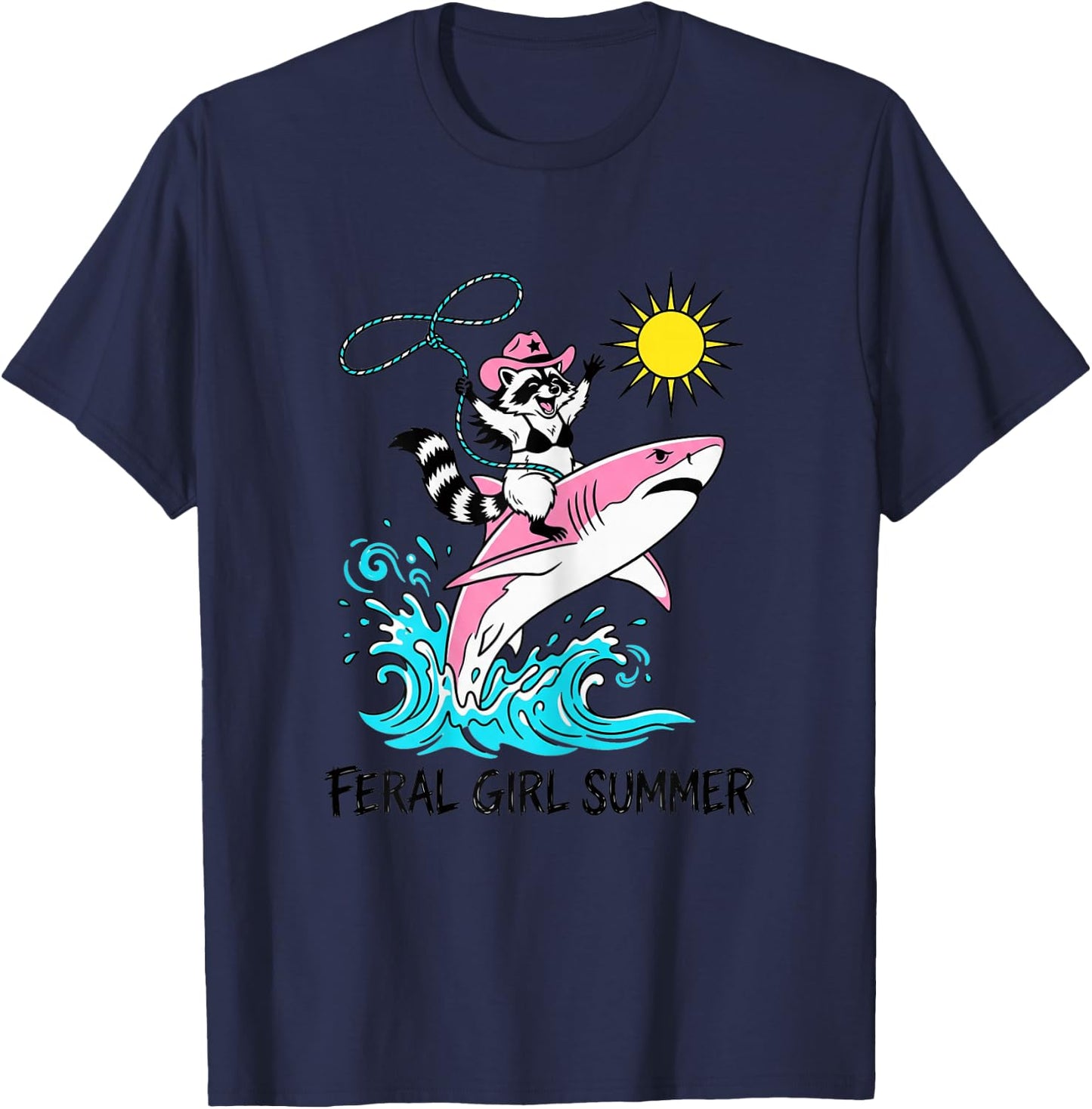 Funny Beach Raccoon Feral Girl Summer T-Shirt - T-Shirt | Navy