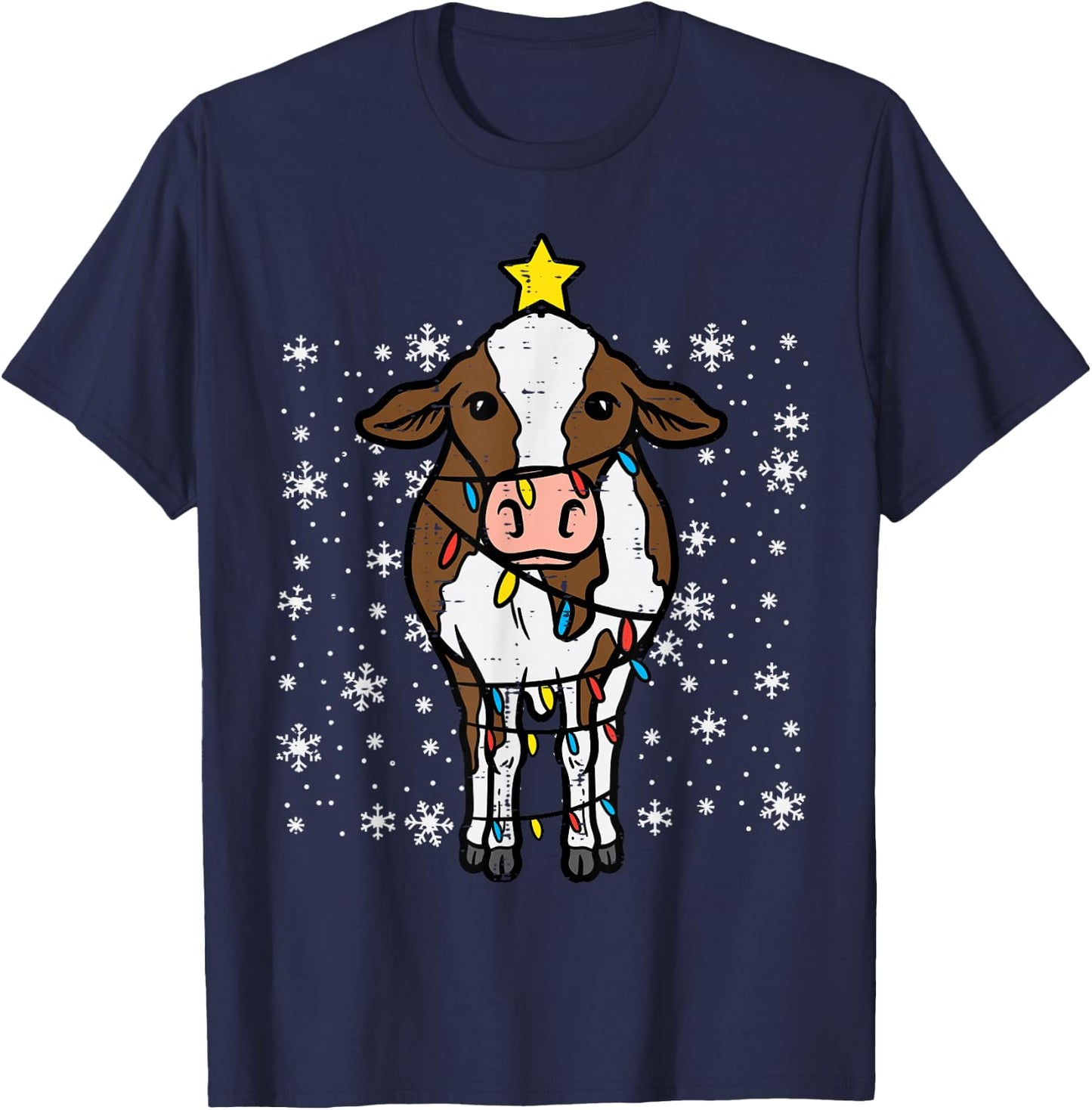 Cow Christmas Lights Funny Xmas Farm Farmer Men Women Kids T-Shirt - T-Shirt | Navy