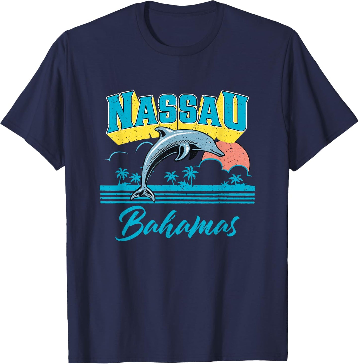 Nassau Bahamas Sunset Palm Tree Dolphin Retro Vacation T-Shirt - T-Shirt | Navy