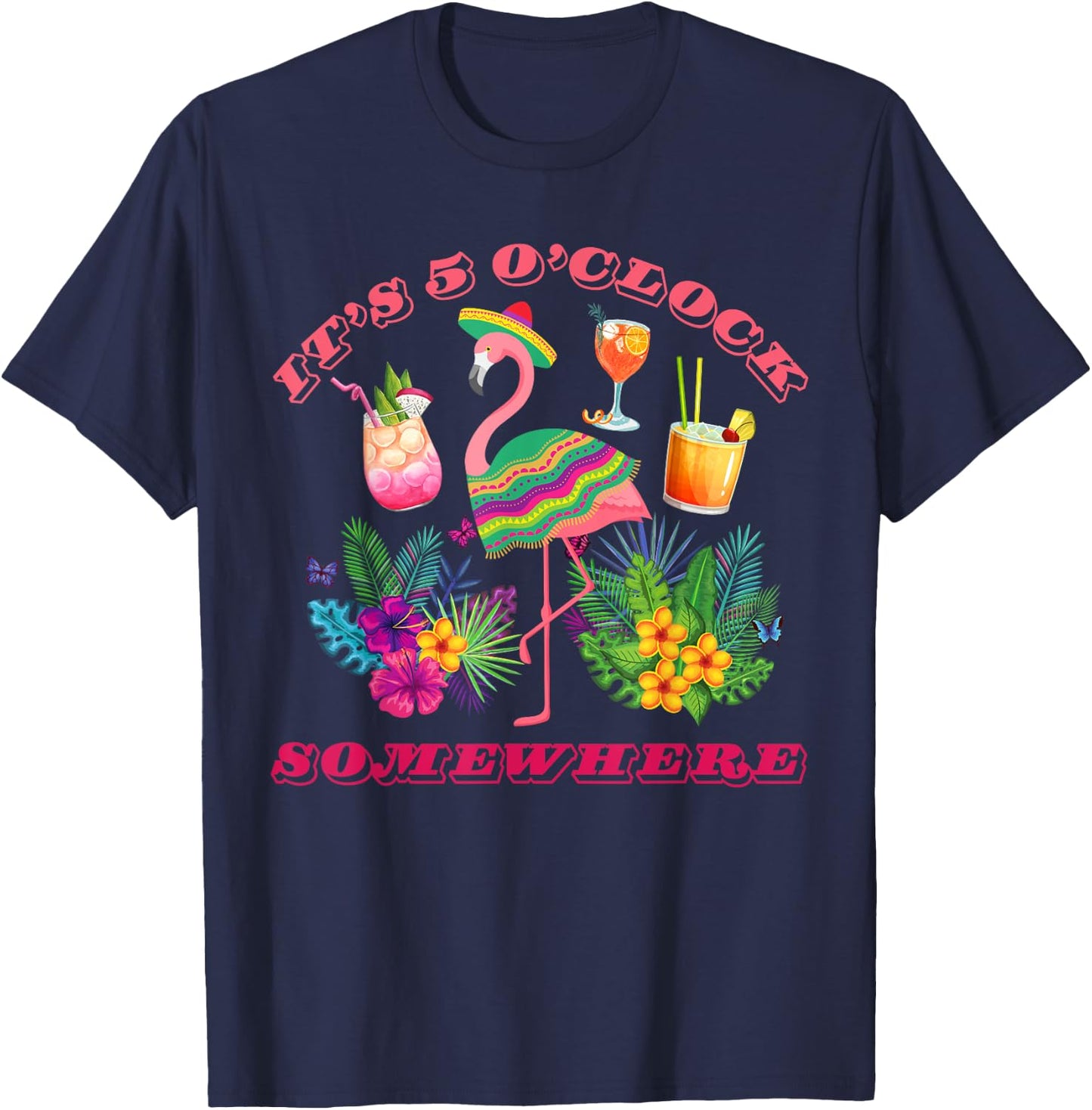 It's 5 O'clock Somewhere Parrot Sunset Drinking Summer Retro T-Shirt - T-Shirt | Navy