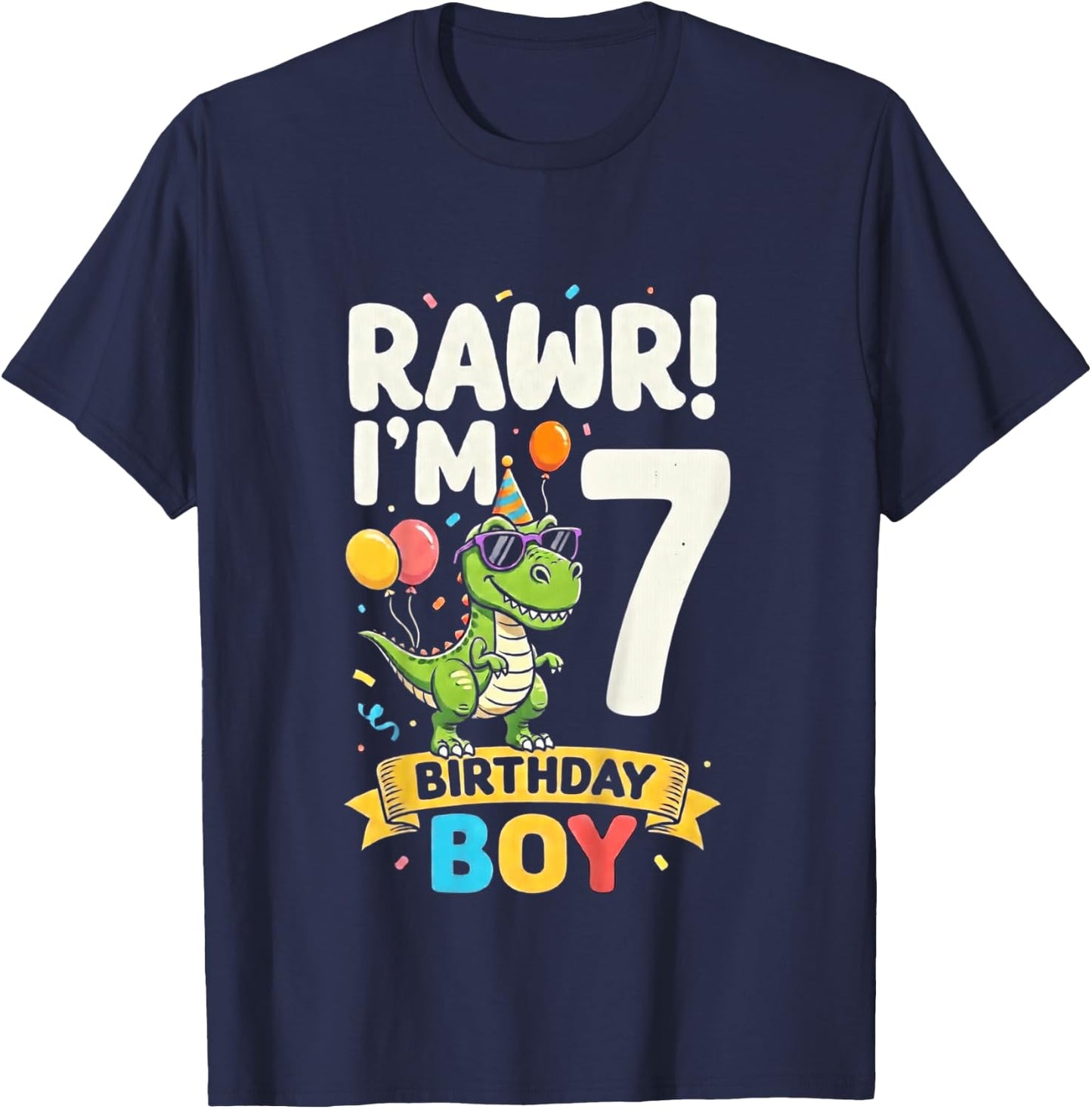 Kids Seven 7yr 7th Birthday Rawr Dinosaur 7 Year Old Birthday Boy T-Shirt - T-Shirt | Navy
