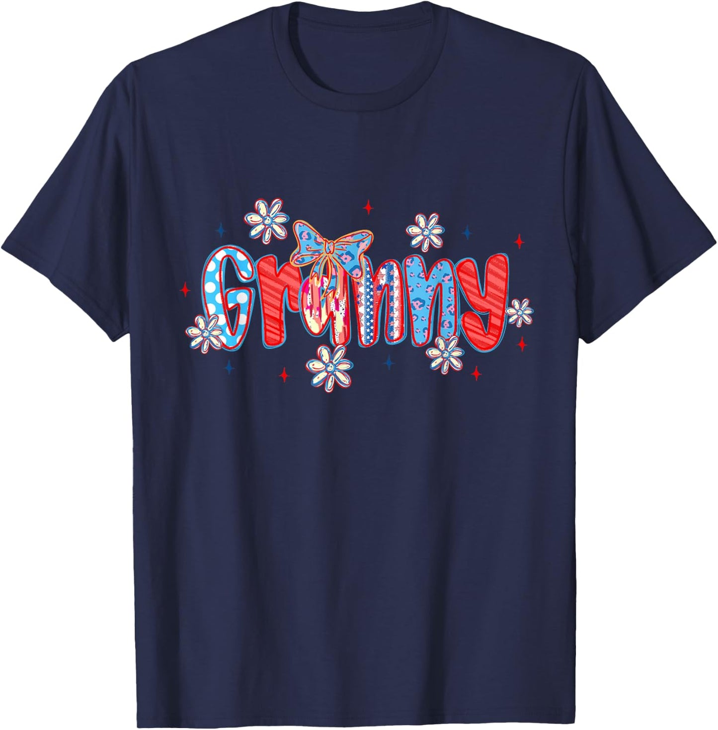 Granny Bow Leopard Flowers Funny 4th of July T-Shirt - T-Shirt | Navy