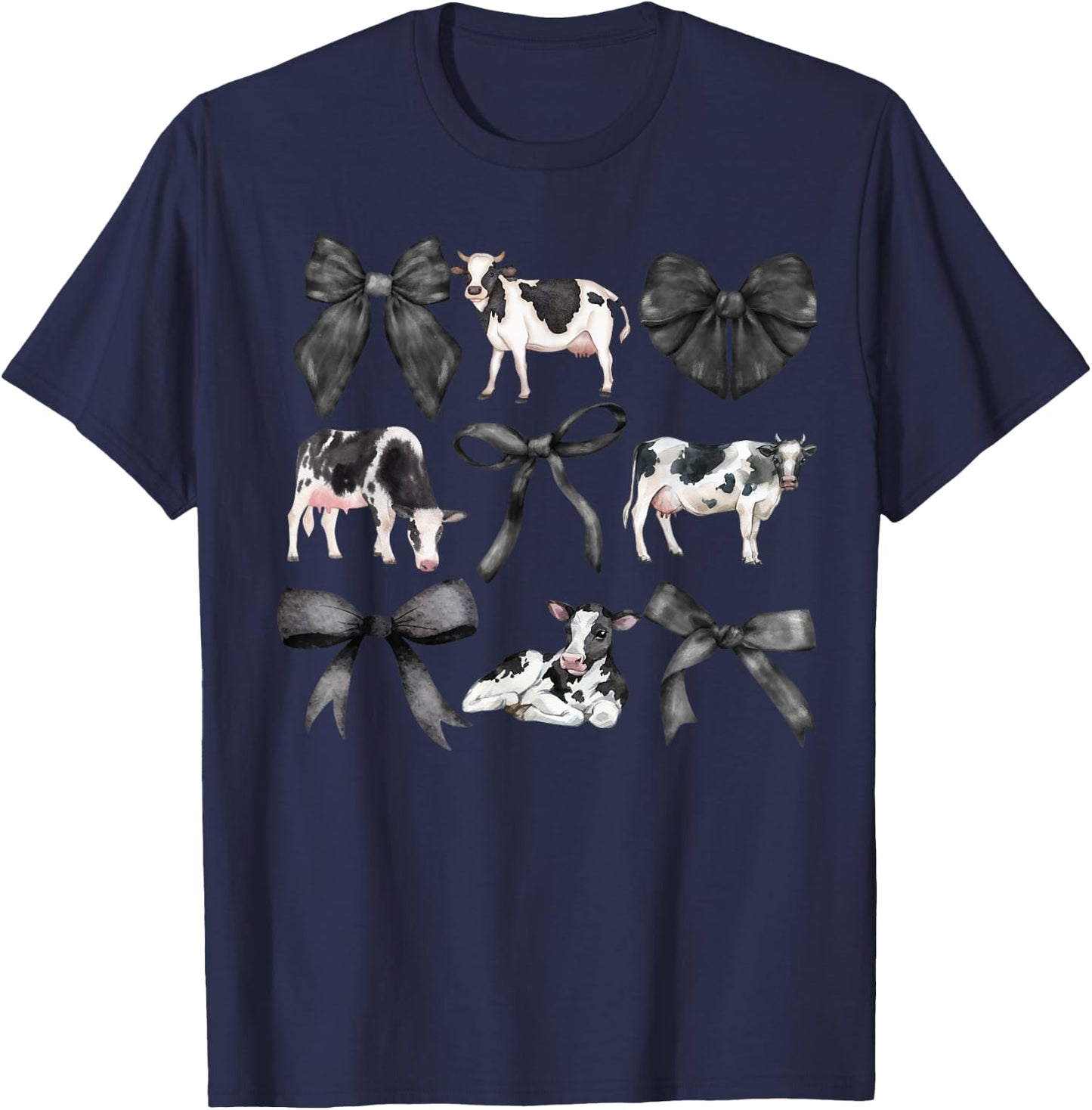 Kristen Michael Coquette Cows, Cows and Bows, Watercolor, Holsteins , Small, Grey T-Shirt - T-Shirt | Navy
