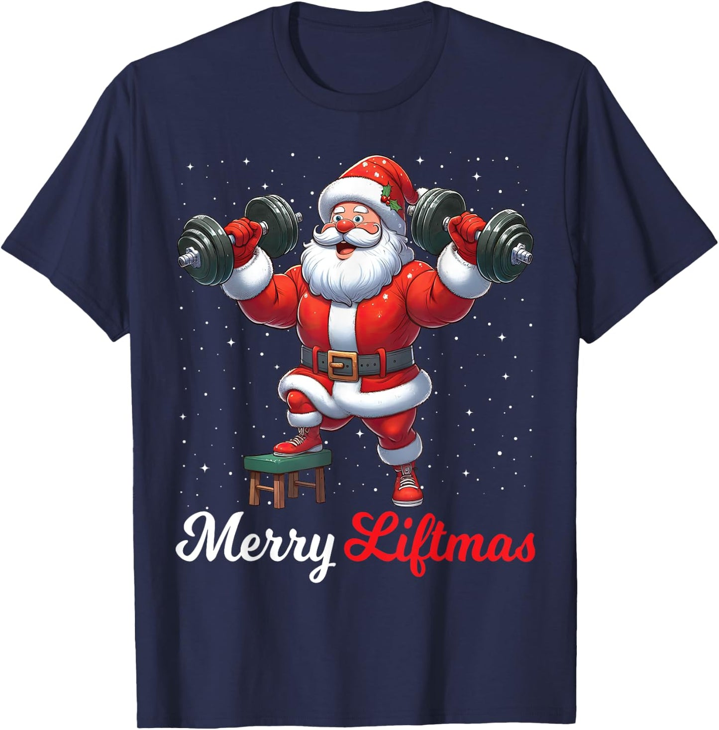 Merry Liftmas Santa Weightlifting Gym Fitness Christmas Snow T-Shirt - T-Shirt | Navy