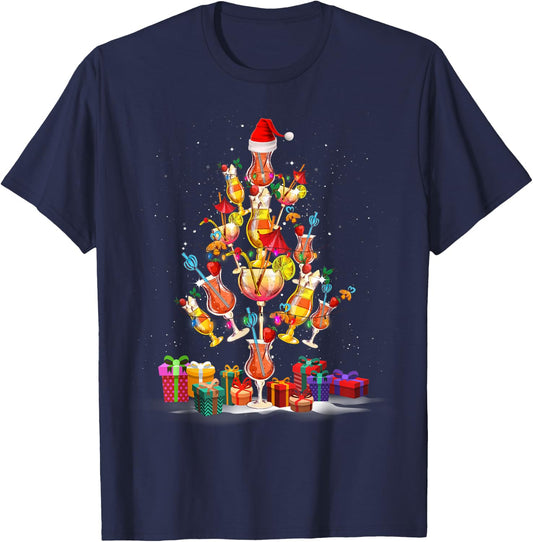 Cocktail Glasses Santa Hat Christmas Tree Drinks Xmas Pajama T-Shirt - T-Shirt | Navy