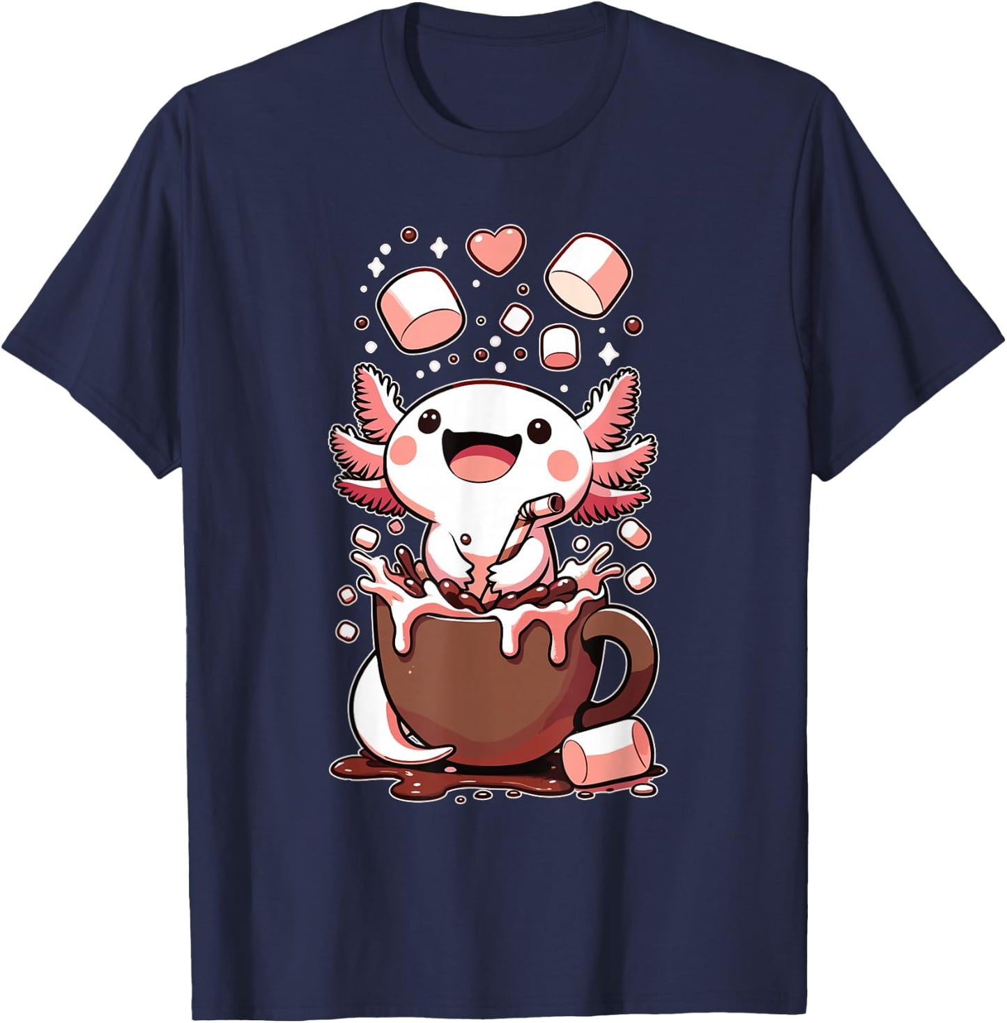 Kawaii Axolotl Hot Chocolate Marshmallow Chocolate Axolotl T-Shirt - T-Shirt | Navy