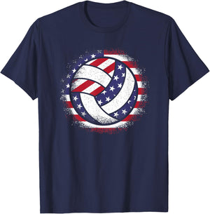 Volleyball American Flag Vintage Volleyball Lover Men Women T-Shirt - T-Shirt | Navy