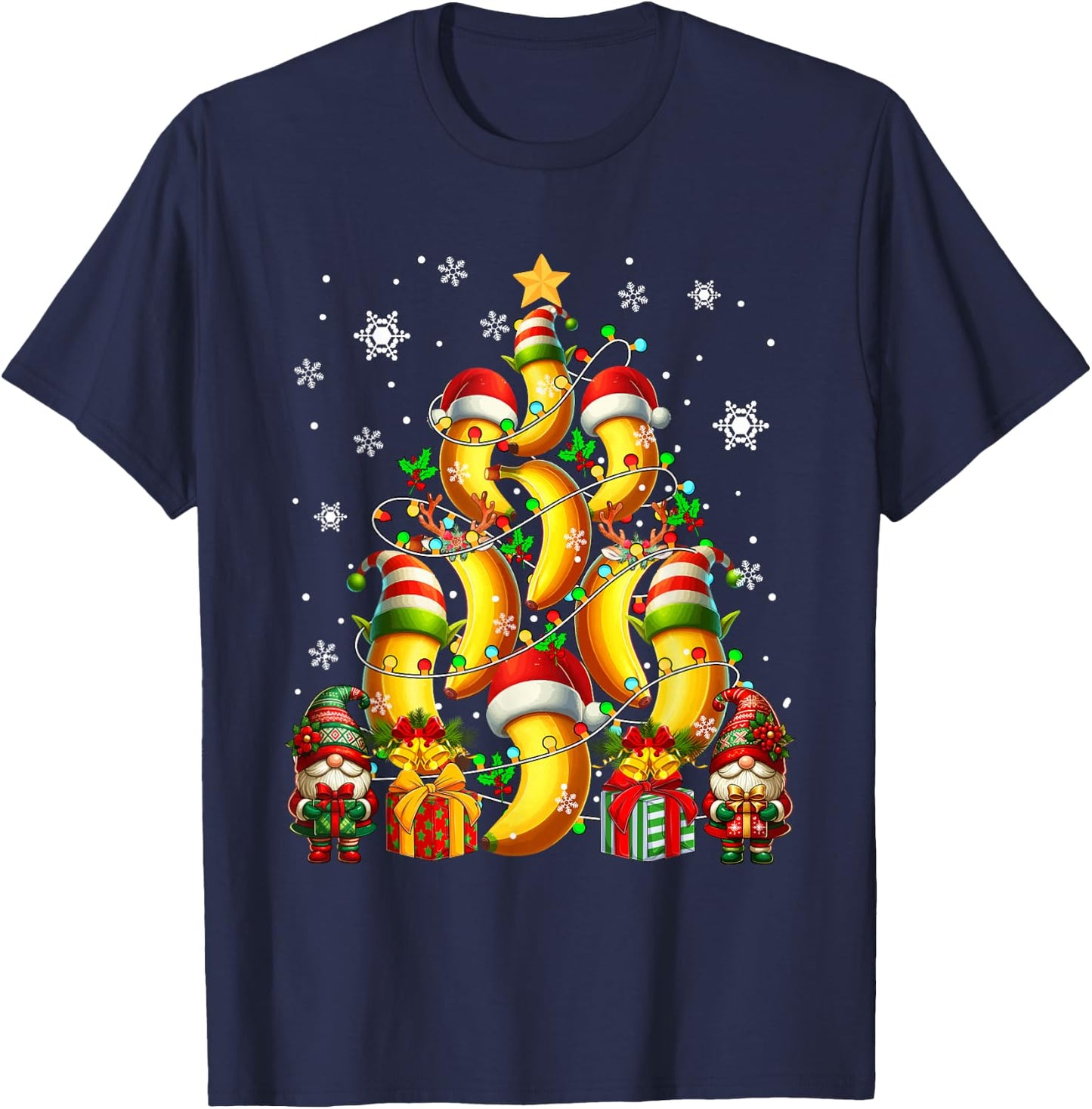 Santa Reindeer Elf Banana As Christmas Tree Vegan Fruits T-Shirt - T-Shirt | Navy
