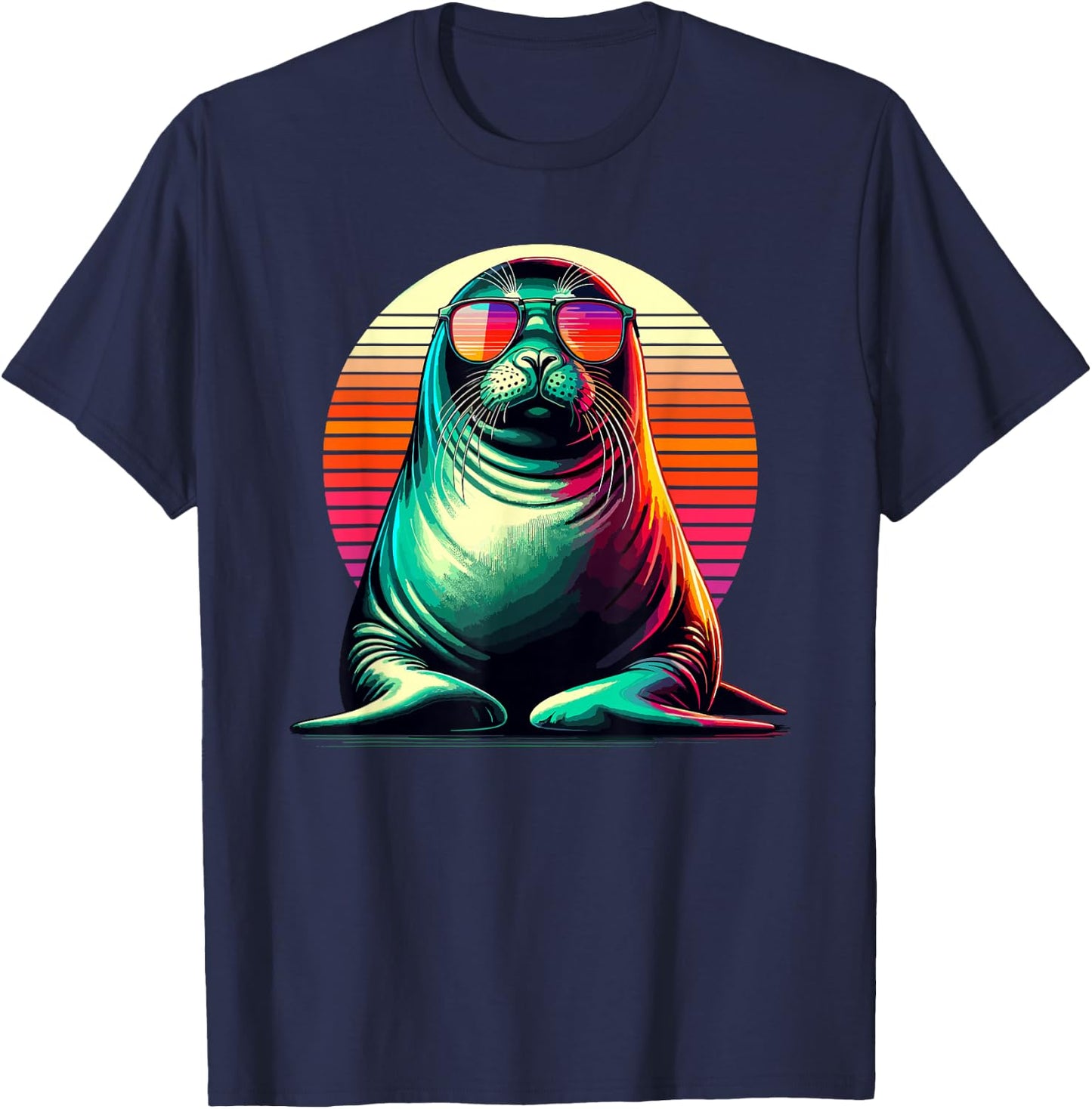 Retro Sunset Hawaiian Monk Seal Sunglasses T-Shirt - T-Shirt | Navy