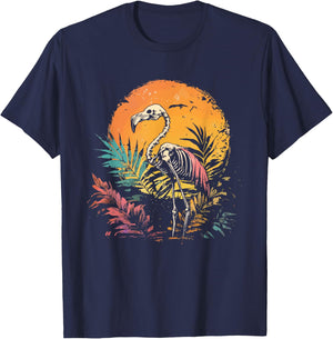 Flamingo Skeleton Retro Graphic Summer T-Shirt - T-Shirt | Navy