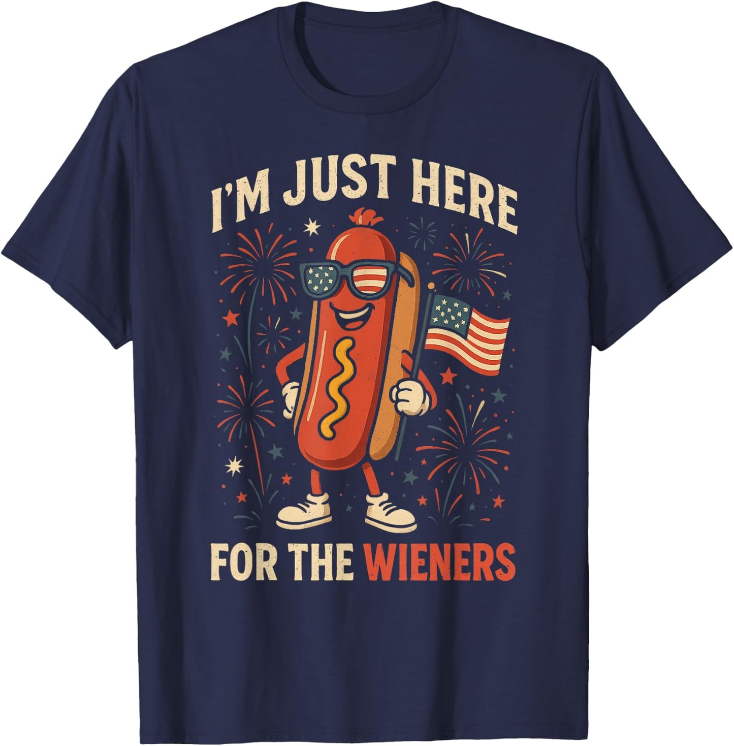 Vintage Hot Dog I'm Just Here For The Wieners 4TH of July T-Shirt - T-Shirt | Navy
