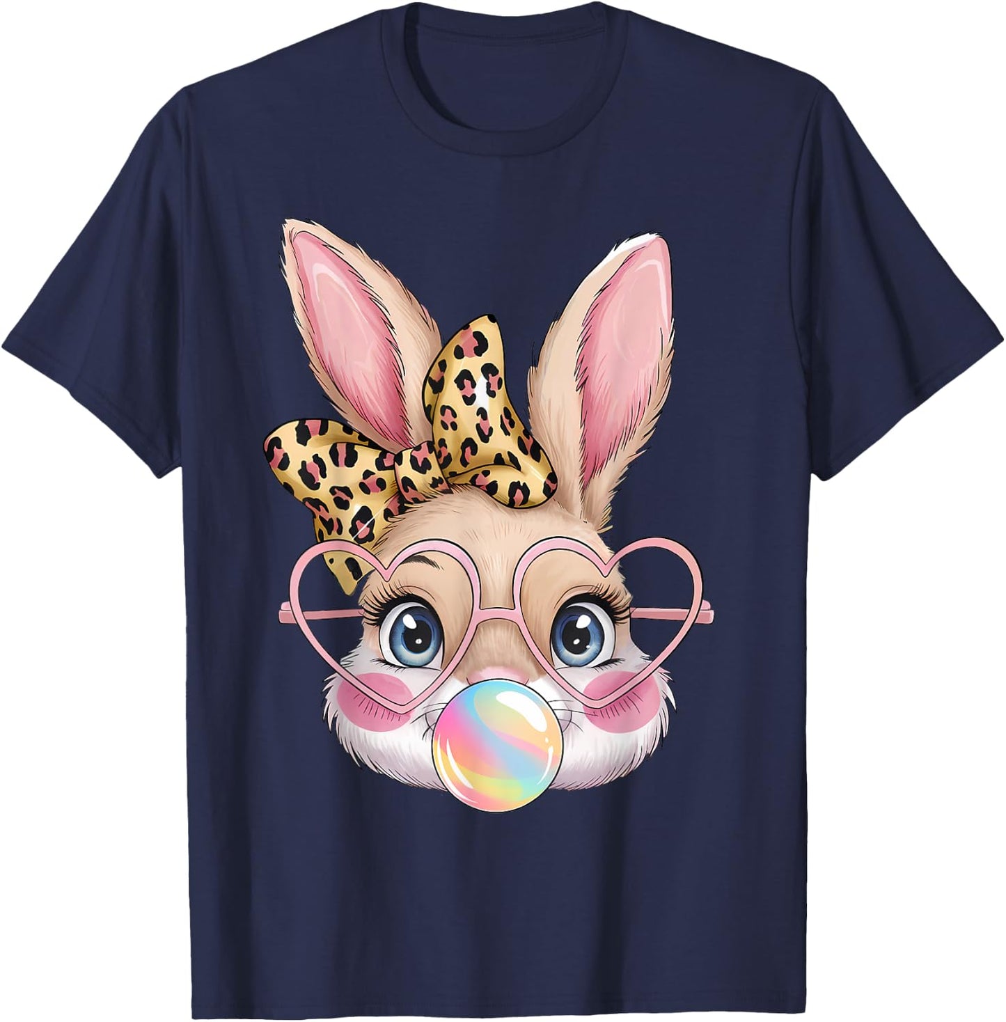 Cute Bunny Rabbit Face Leopard Bow Girls Happy Easter Day T-Shirt - T-Shirt | Navy