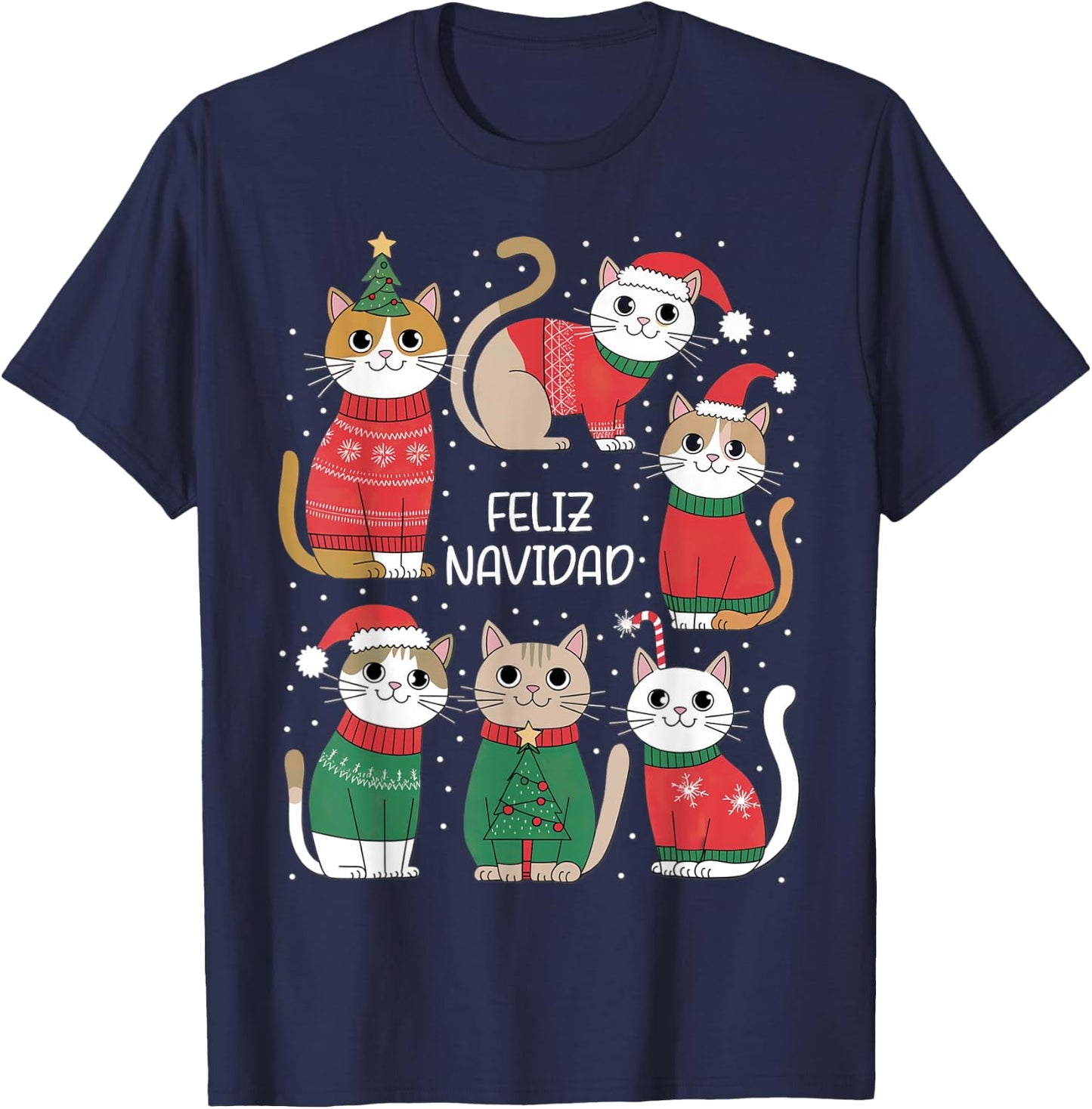 Feliz Navidad Spanish Cats Holiday Kittens , Black, S T-Shirt - T-Shirt | Navy
