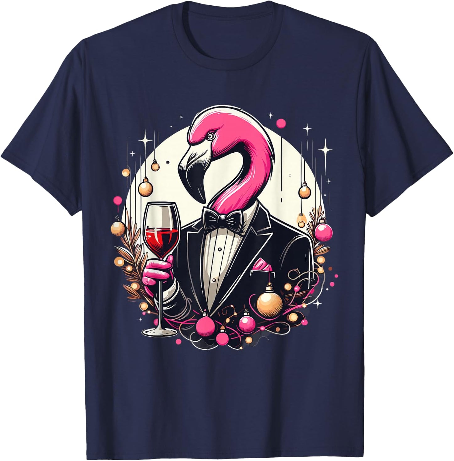 Pink Flamingo Wine Glasses With Tuxedo Costume Love Flamingo T-Shirt - T-Shirt | Navy