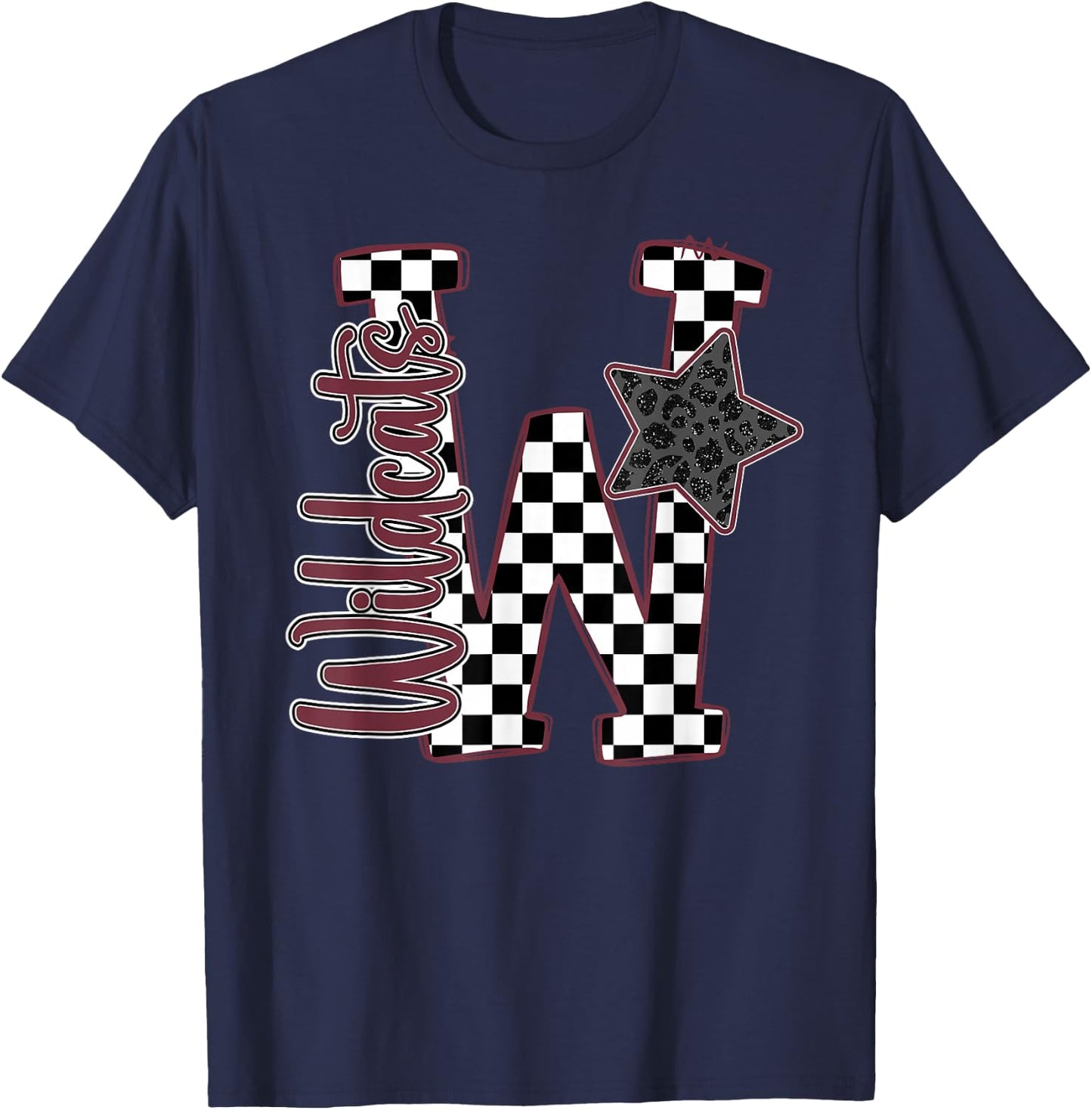 Maroon Wildcats Checkered Print Star Leopard School Spirit T-Shirt - T-Shirt | Navy