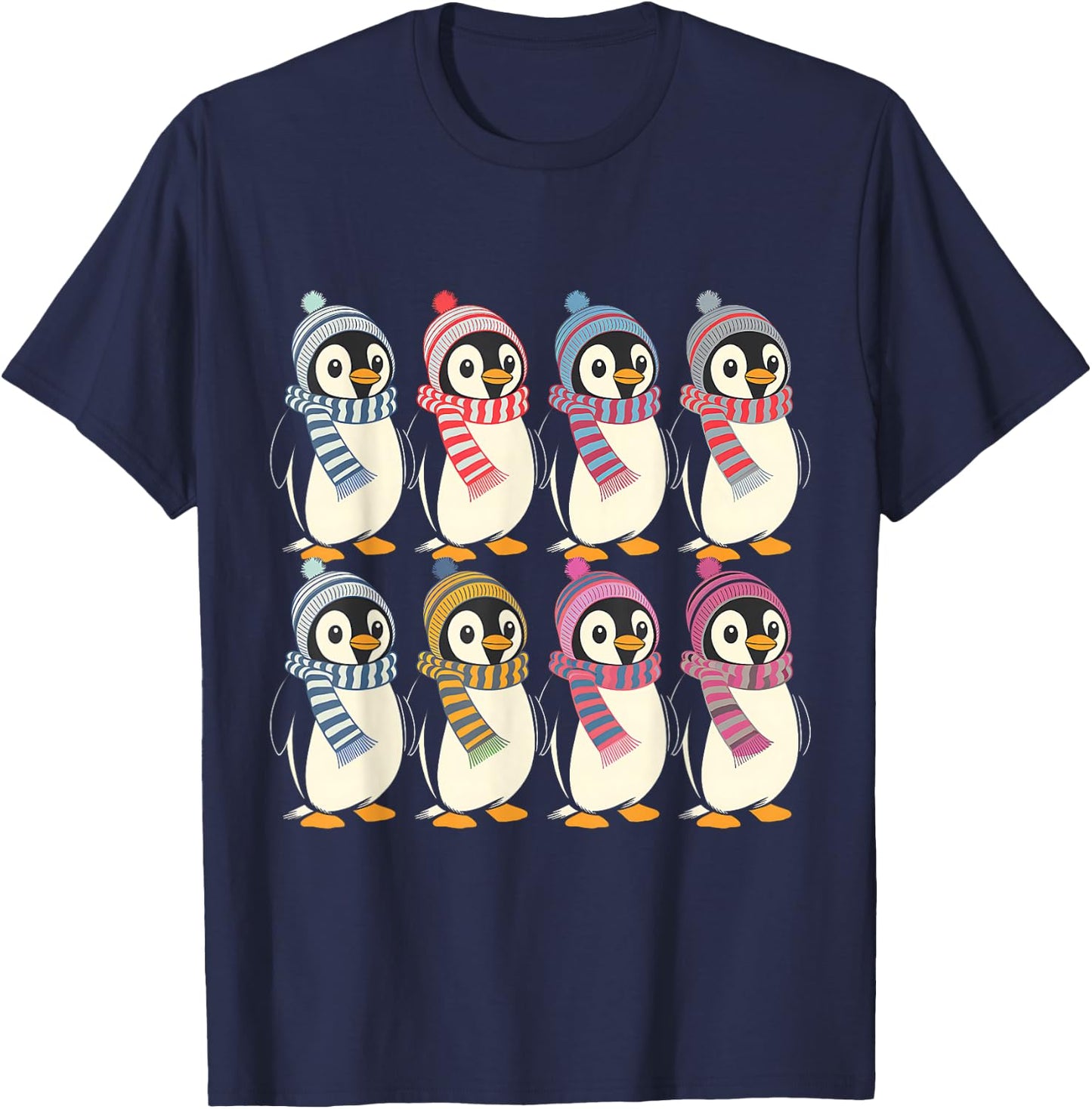 Arctic Penguins in Scarves and Hats Cute Design T-Shirt - T-Shirt | Navy
