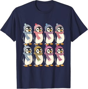 Arctic Penguins in Scarves and Hats Cute Design T-Shirt - T-Shirt | Navy
