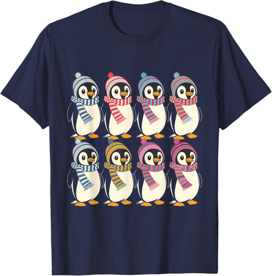 Arctic Penguins in Scarves and Hats Cute Design T-Shirt - T-Shirt | Navy