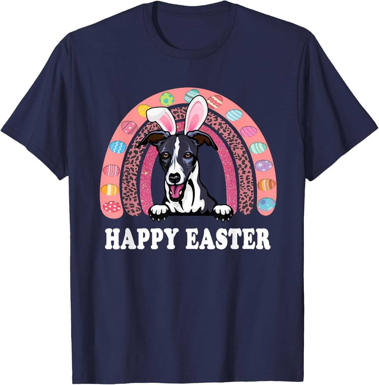 Whippet Dog Easter Bunny Eggs Hunting Boho Rainbow T-Shirt - T-Shirt | Navy