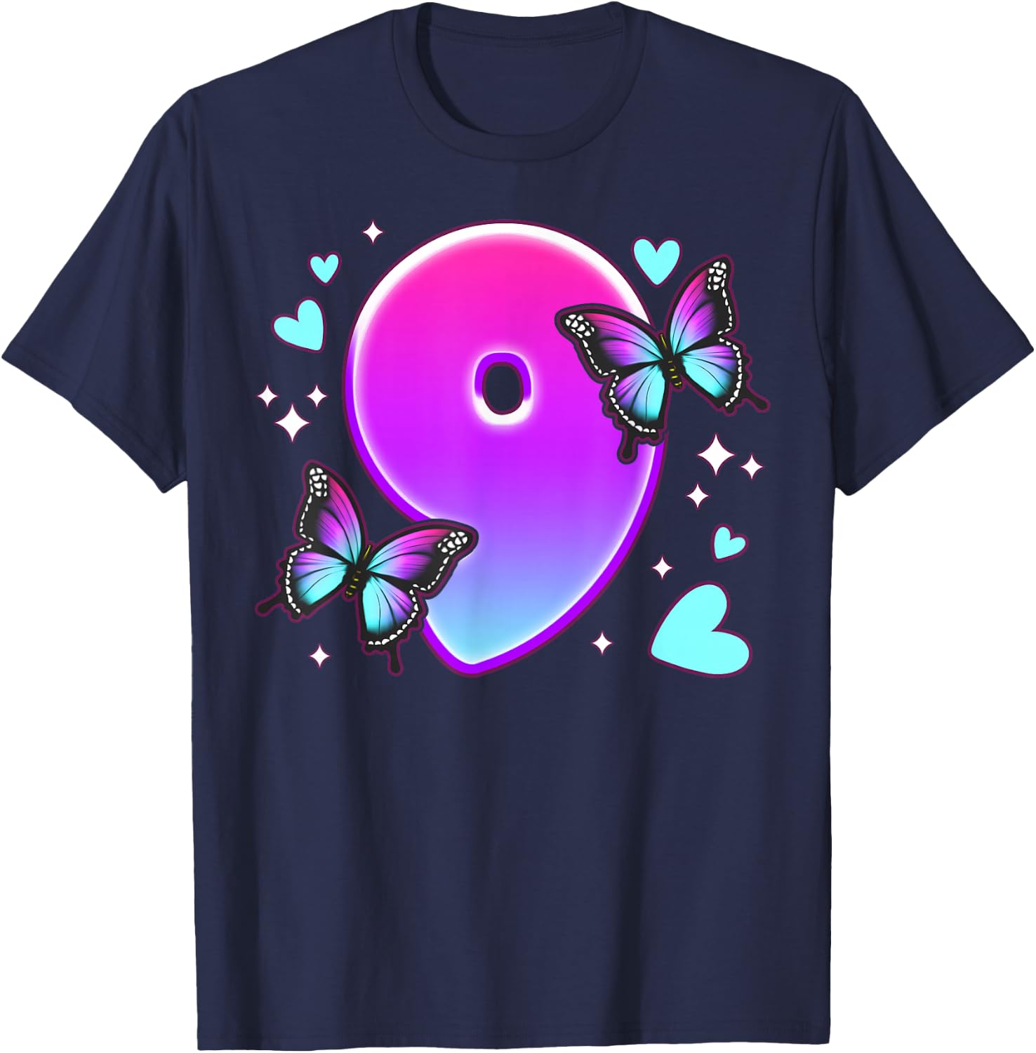 Geburtstag Mädchen 9 Jahre, Schmetterlinge und Nummer 9 T-Shirt - T-Shirt | Navy